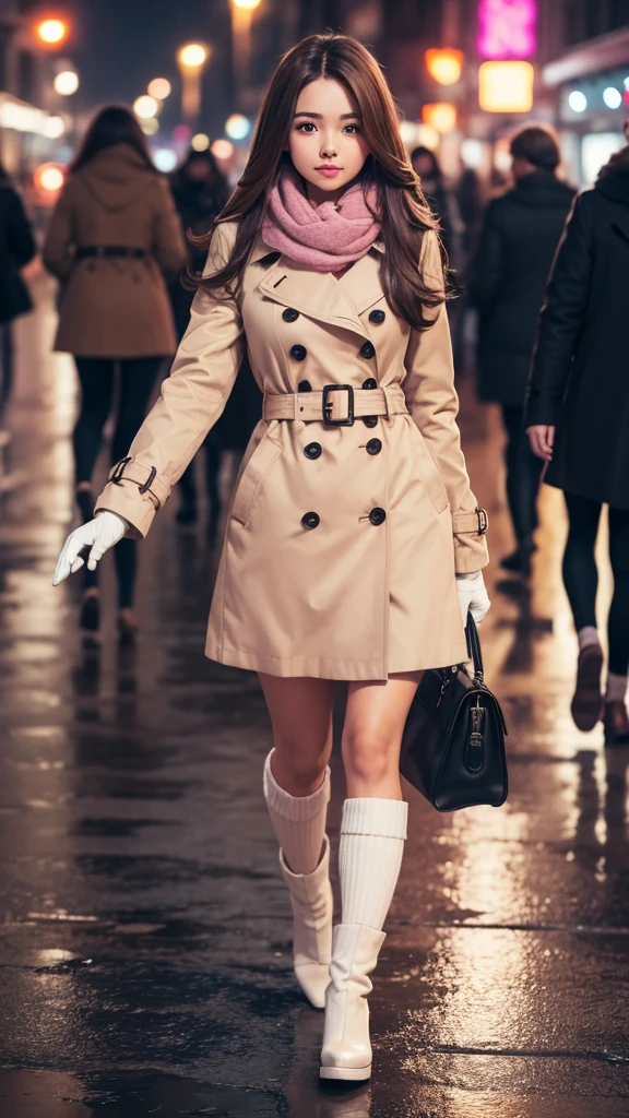 1girl with long brown hair wearing a fully buttoned up and belted buckle beige trench coat with a large pink winter wool scarf and white gloves at the hard rainy night city street full body 8k
