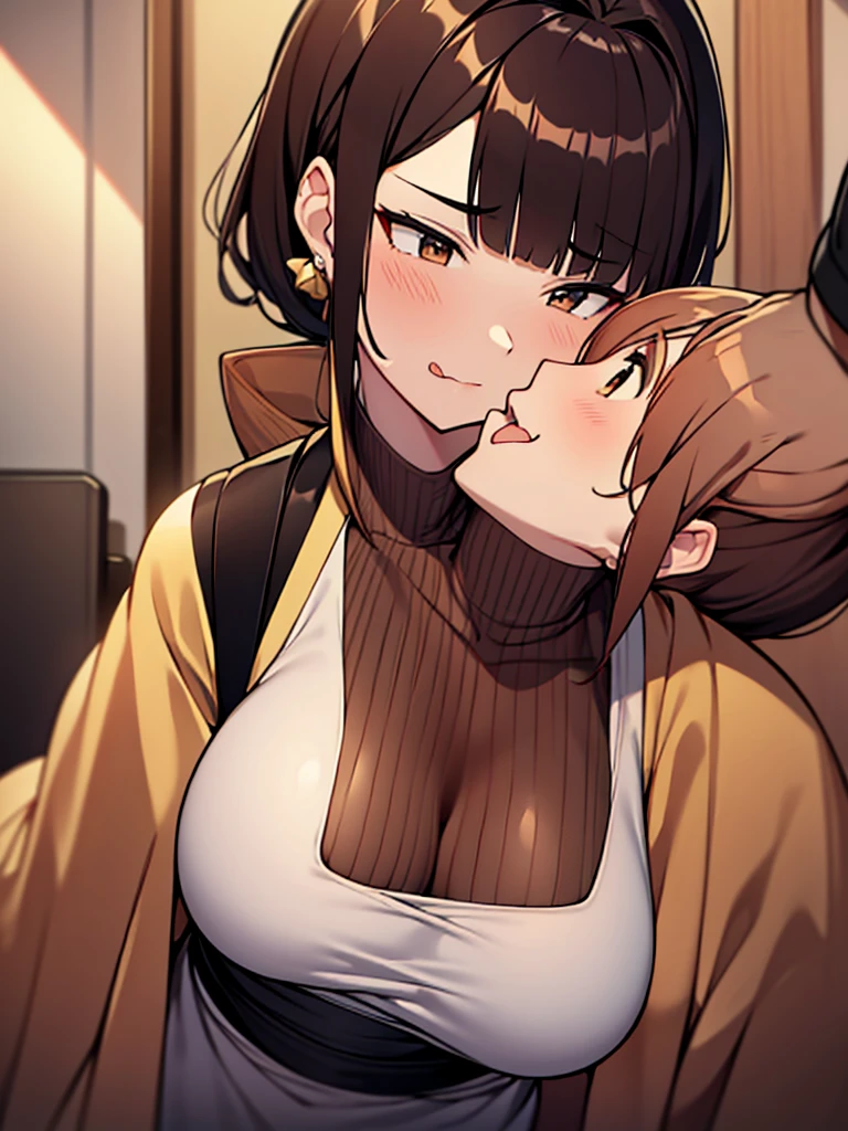 Close-up on facial expression: displeased:1.9 Being forced to kiss:1.3. Sticking out tongue and furrowing brows:1.9 Tall Women:1.3 Naked short-haired man:1.9 (Black women ponytail:1.9 Straight hair, bangs swept to the side:1.9. Slanted eyes, brown eyes, tall, big breasts, strong-willed, beautiful, looks away:1.3. Wrinkles on the brow:1.3 Troubled face:1.3 Apartment Bedroom)