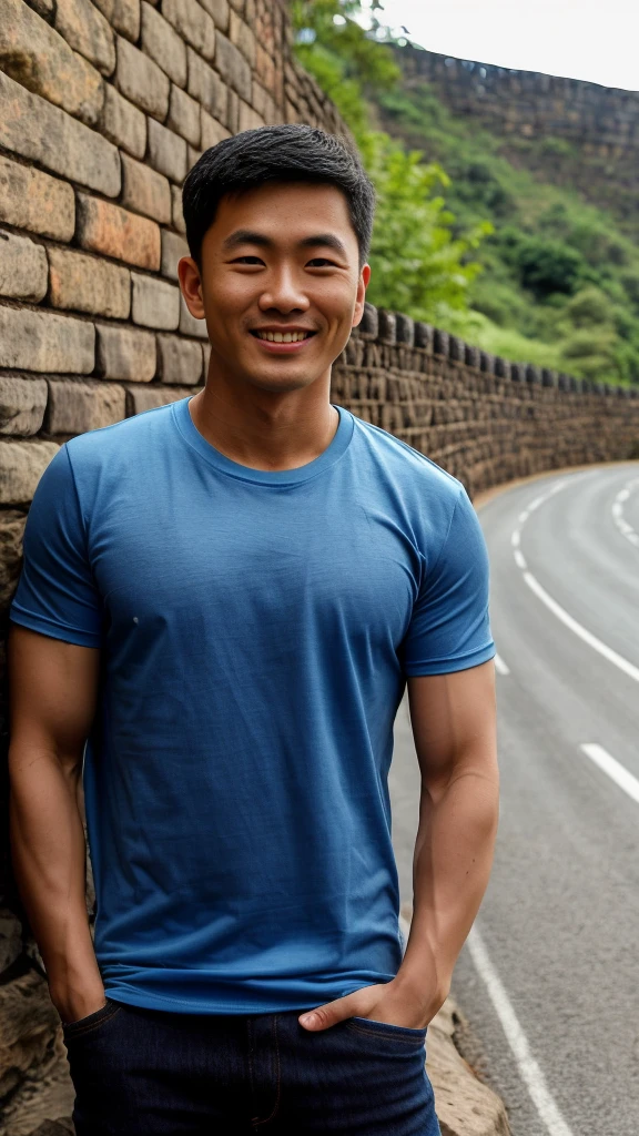 Thai man ,man ,(Blue T-shirt:1.5) ,Jeans ,He is about 30 years old..,Rough and handsome appearance,large breastsj,Big waistline,buzz cut, angry, sullen, best quality, Masterpiece,(Have muscles:4.5),(best quality,high resolution,Masterpiece:1.2),The eyes are natural and delicate..,1 person,alone,gay asian,muscle,Long legs,brave,short hair details,conjunctivitis ,strong,brown eyes, (road background stone wall:1.5),in the market,sit ,smile