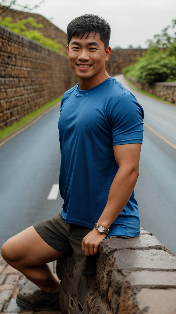 Thai man ,man ,(Blue T-shirt:1.5) ,Jeans ,He is about 30 years old..，Rough and handsome appearance，large breastsj，Big waistline，buzz cut, angry, sullen, best quality, Masterpiece，（Have muscles：4.5），(best quality,high resolution,Masterpiece:1.2),The eyes are natural and delicate..,1 person,alone,gay asian,muscle,Long legs,brave,short hair details,conjunctivitis ,strong,brown eyes, (road background stone wall:1.5)，in the market，sit ,smile