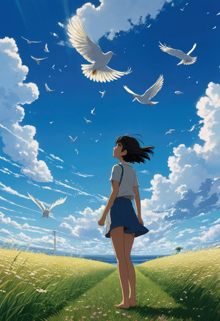 Makoto Shinkai Taste, Beautiful sky, girl blown by the wind,  Fluttering Hair, barefoot, Birds are flying,