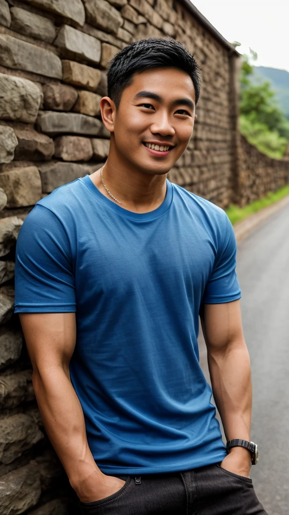 Thai man ,man ,(Blue T-shirt:1.5) ,Jeans ,He is about 30 years old..，Rough and handsome appearance，large breastsj，Big waistline，buzz cut, angry, sullen, best quality, Masterpiece，（Have muscles：4.5），(best quality,high resolution,Masterpiece:1.2),The eyes are natural and delicate..,1 person,alone,gay asian,muscle,Long legs,brave,short hair details,conjunctivitis ,strong,brown eyes, (road background stone wall:1.5)，in the market，sit ,smile