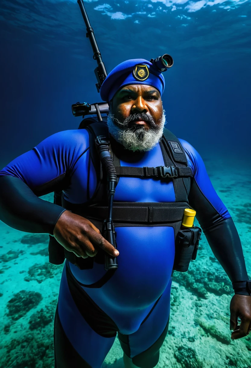 (a dark-skinned bearded fat old man in a bulky blue zipper diver suit) swimming surfacing from sea water at night, carrying a sniper rifle and (wearing army beret), muscular, Basuki Abdullah, sumatraism, action, a character portrait, heroic, fierce, angry