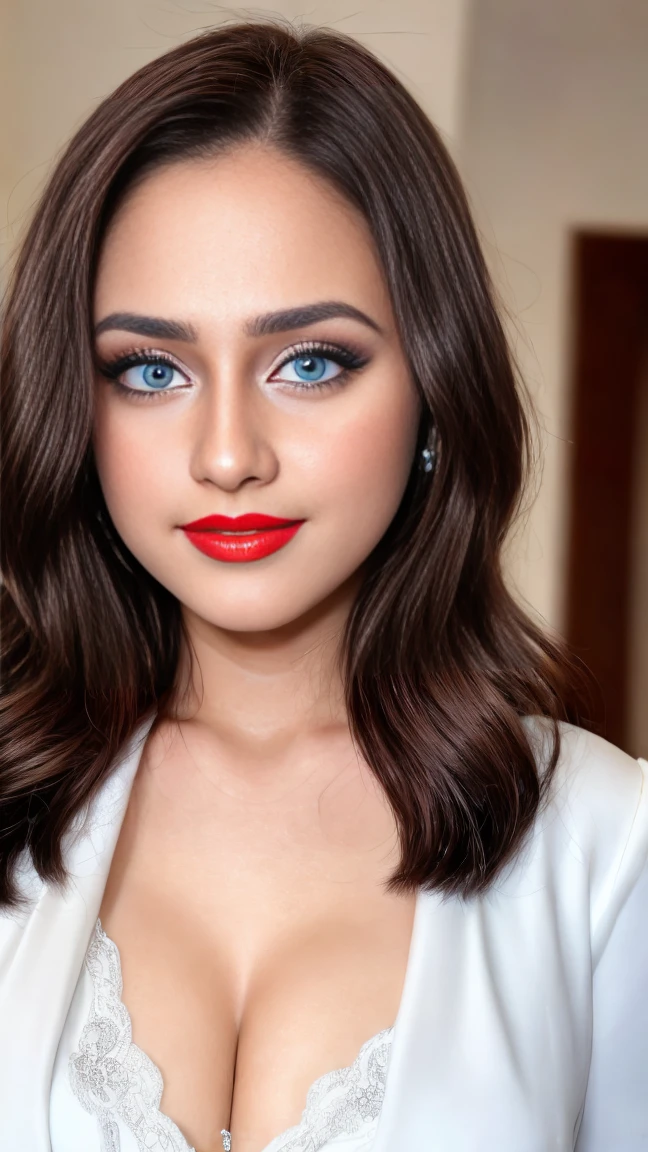 instagram photo, closeup face photo of 23 y.o Chloe in kebaya, blue eyes, white skin, Red Lipstick, sensual Lipstick, Sensational Make Up, cleavage, pale skin, (smile:0.4), hard shadows, White G-STRING, bright lighting