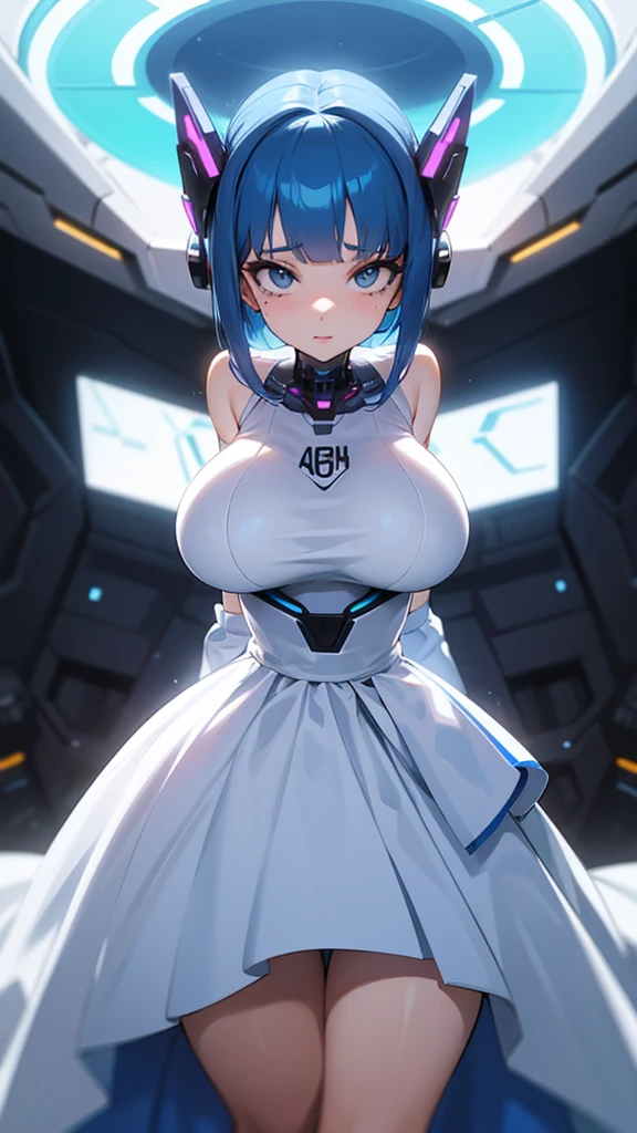 Ai girl,milf,Blue hair,white dress,cyber eyes,look like normal women 