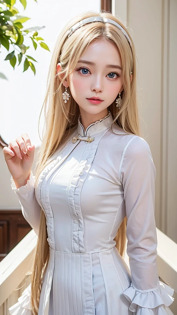 (((White background、White Blonde、forehead、White background、China dress、Ao Dai、Decoration、Frills、race、Cowboy Shot、22-year-old woman、Mature Woman、Mature face))), bright, Refreshing and gentle look, Perfect beautiful face、White Blondeのロングヘア，Beautiful and shiny hair, Very beautiful woman, eyeliner, So perfect and beautiful、Lovely large, clear, sky-blue eyes，Random pose