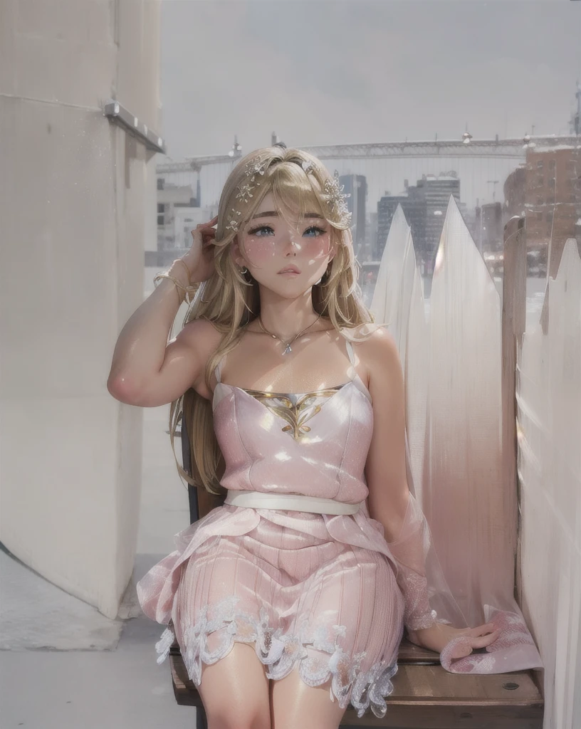 1girl, blonde hair, , sitting on a bench, waiting for the bus, bus station, city background, perfect eyes, perfect hands, ultra high res, cinematic angle, professional lighting, best quality, masterpiece, sidelighting, sharp, perfect focus, bokeh, photorealistic, (finely detailed beautiful eyes: 1.3), realistic, (3d face:1.1), (lustrous skin:1.5), (ultra high res intricate face details), (face skin pores:1.3), ultra high res cloth texture, 8k eye details, 8k pupils,