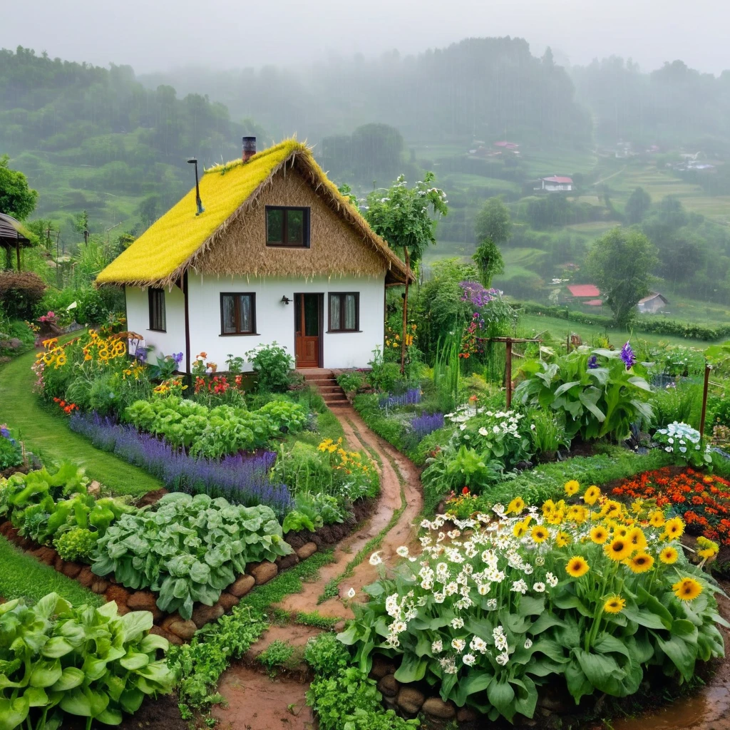 view from far, cottage, the sacred symbol of nature, A straw house on the hill (stilt house), garden around the house with vegetables, A pathway to the house with sunflowers, white daisys, violets, bluebottles. A swing in the yard. In front of the house is a valley with vegetables. scenery, a rainy day.