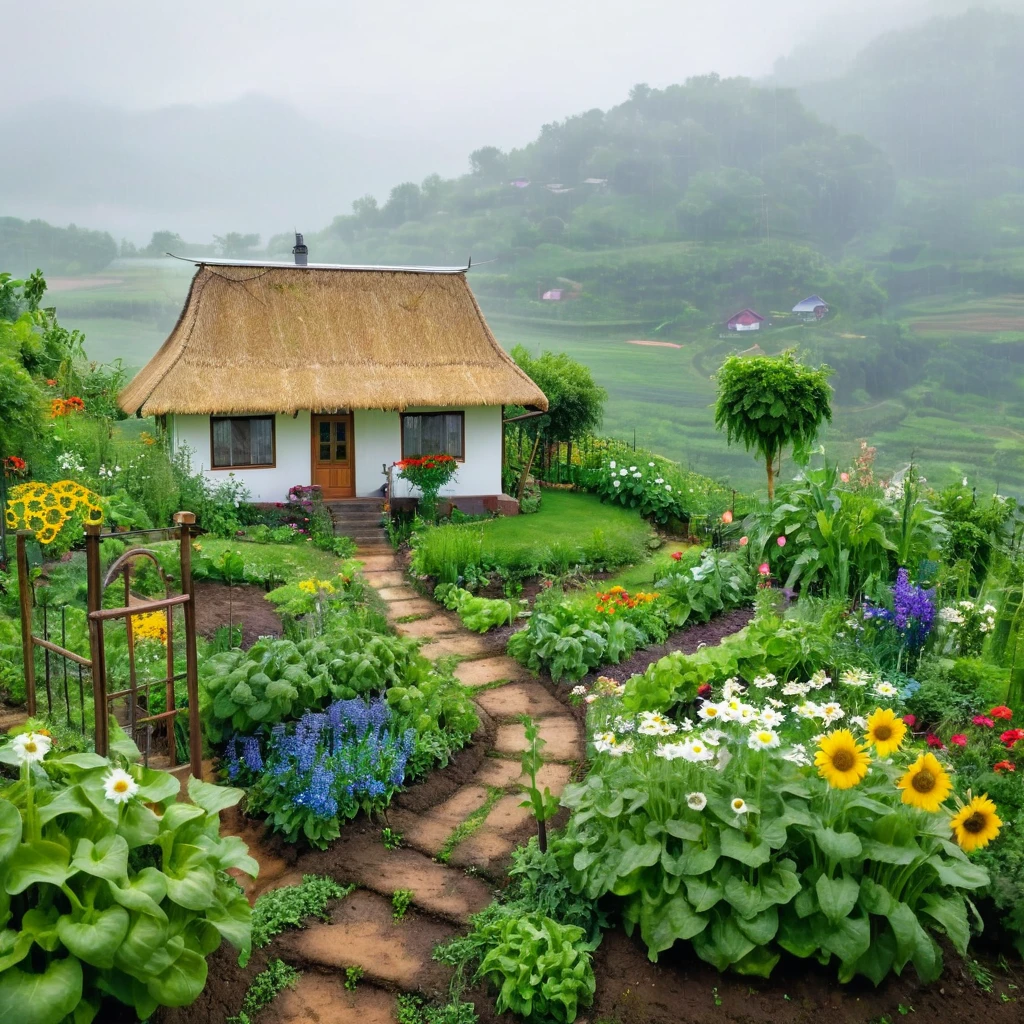 view from far, cottage, the sacred symbol of nature, A straw house on the hill (stilt house), garden around the house with vegetables, A pathway to the house with sunflowers, white daisys, violets, bluebottles. A swing in the yard. In front of the house is a valley with vegetables. scenery, a rainy day.