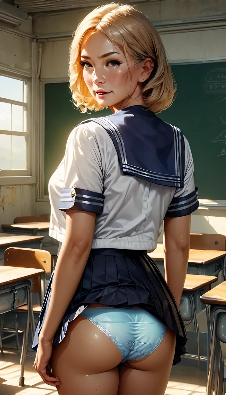 (((masterpiece, Highest quality, High resolution, 超High resolution, Pixel perfect, 4K, 美しいanime女性, animeキャラクター, ((Smooth texture, Realistic、anime)), Exact finger count、Exact number of legs, Daytime lighting, Perfect lighting, Best Shadow, The best natural light, Perfectly balanced style, Perfect body, whole body, ((Kitagawa.Marine)), Blonde、long hair、cute, ((A woman is sitting on a chair with her skirt rolled up, Exposing light blue panties)), ((Fashionable white shirt, Navy blue sailor collar, Sailor suit, Navy pleated mini skirt:1.3), (セクシーでcute水色のパンティ, Light blue panties with lace trim around the edges, Detailed folds in panties), (Shiny satin side-tie light blue panties), (Confused expression:1.3), (School classroom, The back of the chair is behind your back, During class), From directly behind, (Uniform and precise skirt length, The skirt is rolled up:1.2), (Close up of ass in panties:1.2)