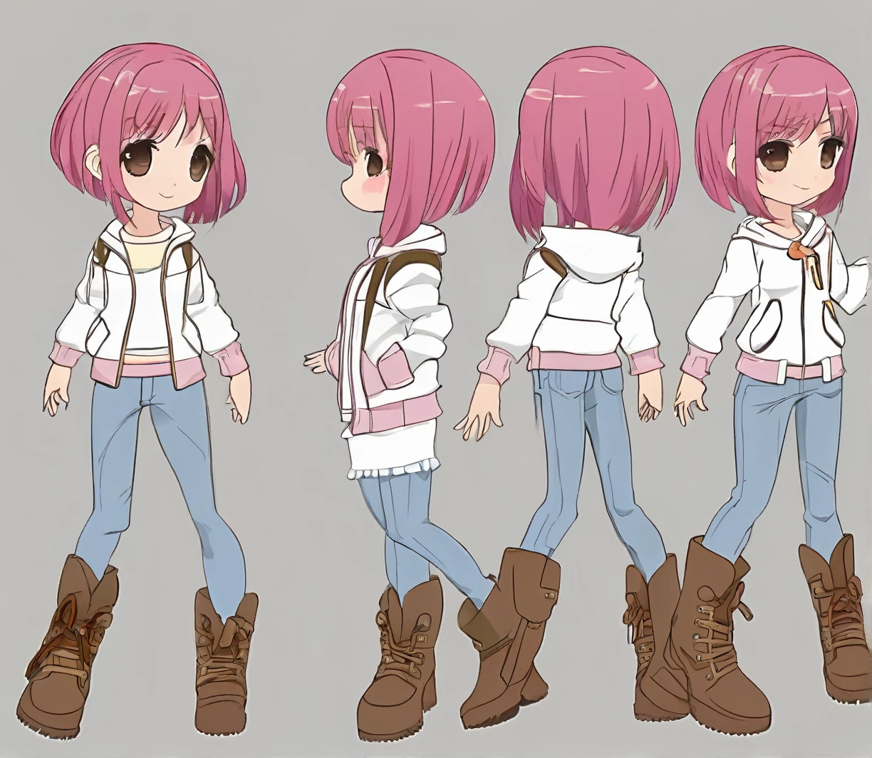 model reference sheet of anime girl, chibi, pink short hair, semi-realistic, round eyes, close mouth smile, light pink bomber jacket, white t-shirt underneath jacket, light denim jeans, brown uggs boots, white background, turnaround, front-side-back, big shoes and hands, arms spread wide, , shading