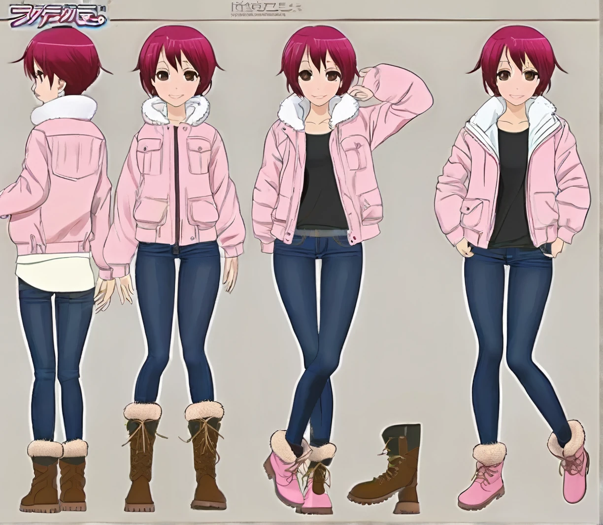 model reference sheet of anime girl, chibi, pink short hair, semi-realistic, round eyes, close mouth smile, light pink bomber jacket, white t-shirt underneath jacket, light denim jeans, brown uggs boots, white background, turnaround, front-side-back, big shoes and hands, arms spread wide, , shading