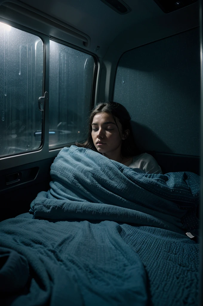 This image shows the inside of a vehicle at night. There is a person lying down and covered by a blue blanket. The window of the vehicle shows raindrops, indicating that it is raining outside. The overall atmosphere appears calm and quiet, possibly indicating that the person is resting or sleeping in the vehicle.