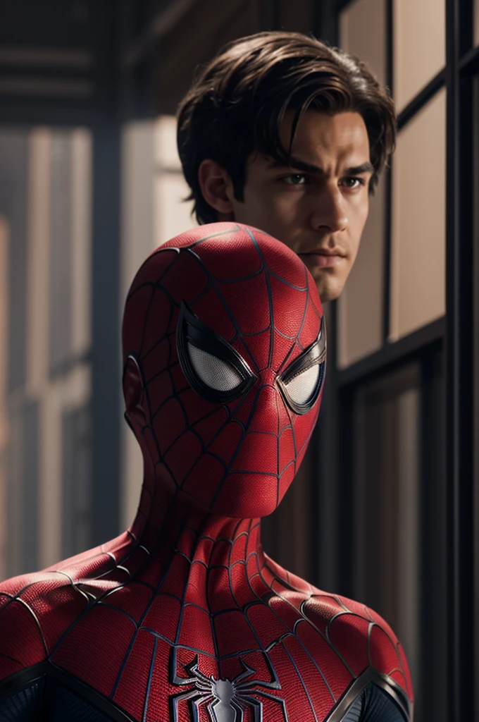 A photograph of Spider-Man., sin mascara, the 20s, elegant, detailed face, looking to the camera, portrait, 8k hd, high quality