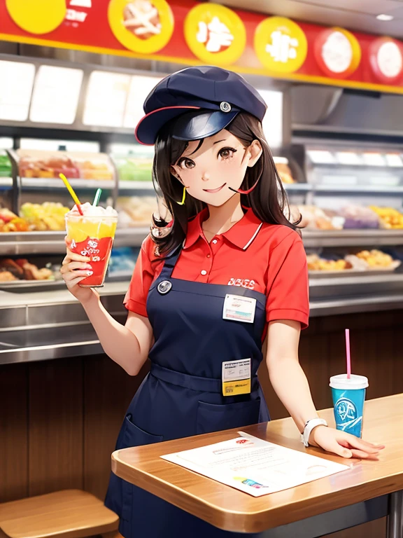 1 girl, uniform, apron, cap, Name tag, Polo shirt, headset, counter, register, Menu Signage, tray, Flyer, Drink dispenser, hamburger, potato, drink, straw, napkin, smile, clean, Vibrancy, Bright lighting, food court, Fast food logo, uniform color, Modern interior, Comfortable seats, Poster, Promotional Sign, Hand sanitizer