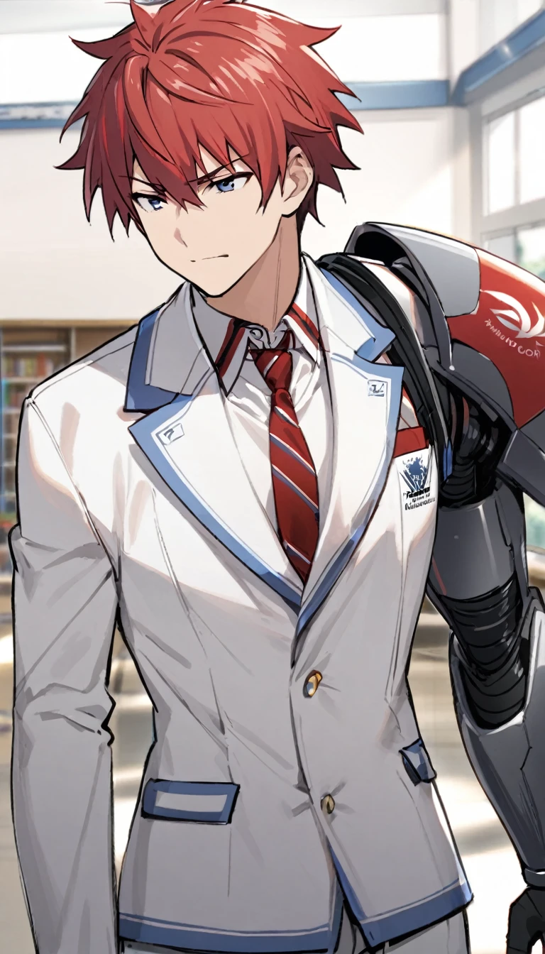 1 boy, high,white blazer and tie with logo,white shirt,red hair,he has a high huge tech Armoured arm,calm expression , standing