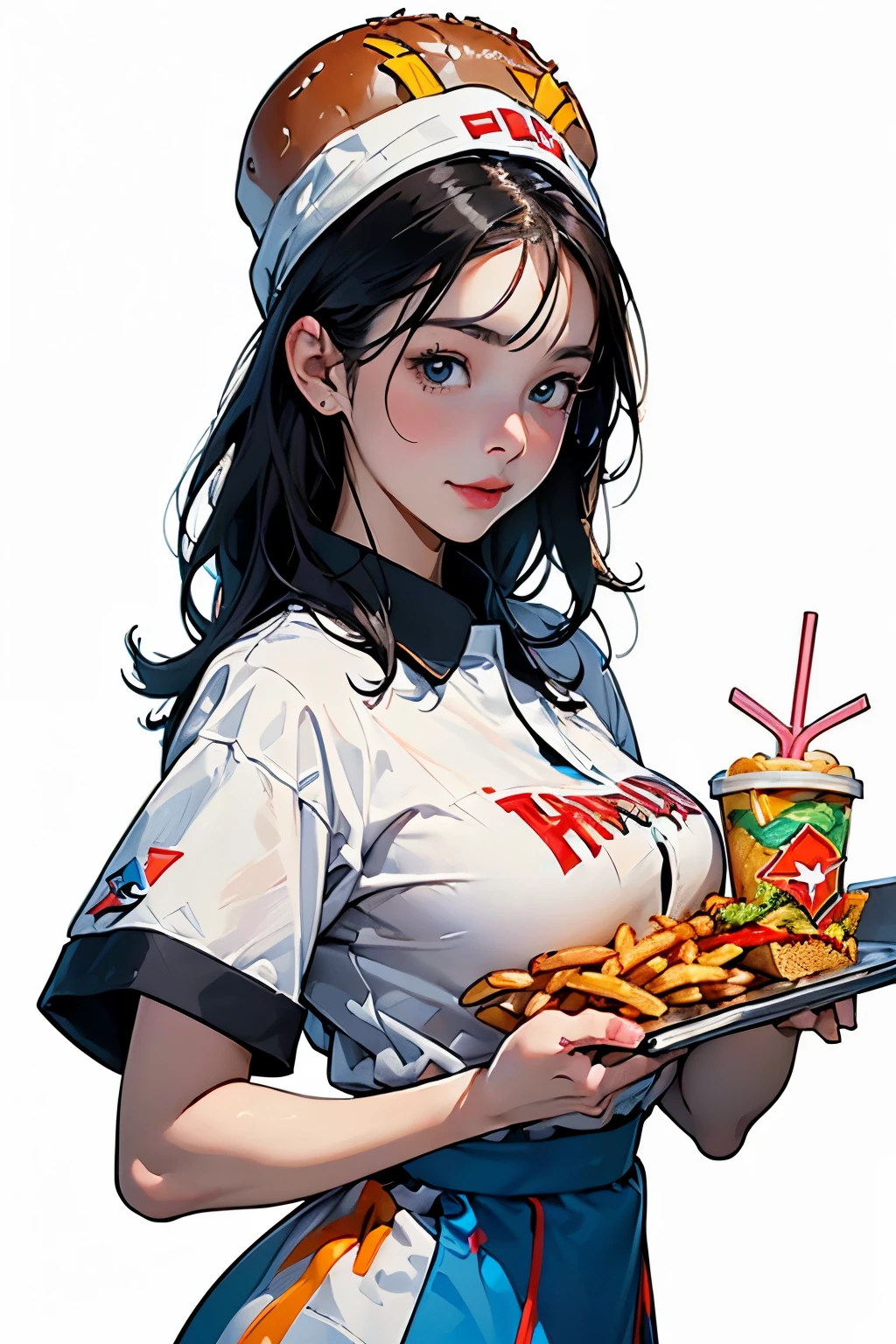  (Young woman wearing a fast food restaurant uniform、Wearing a paper hat、hamburger_french fries_Holding a tray with drinks:1.4)、Colorful uniforms、Bust Up Illustration、White Background、(Front view:1.4)、(Highest quality)、(masterpiece)、(detailed)、