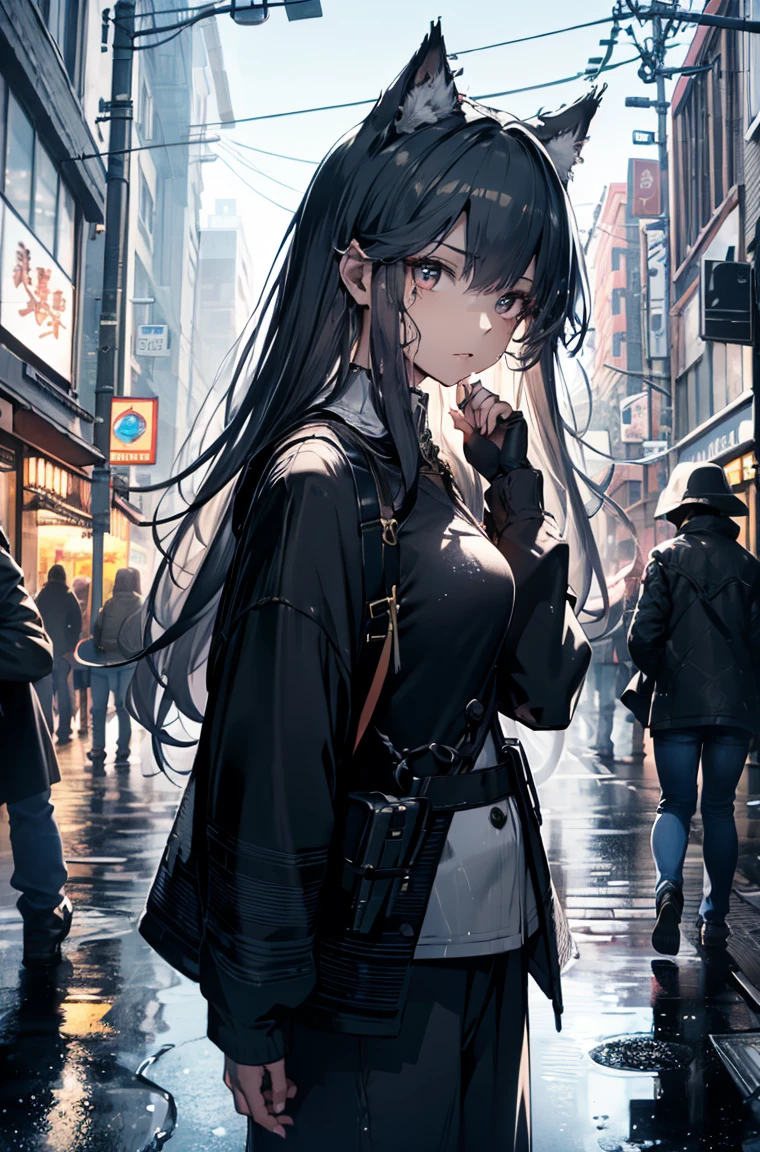 A masterpiece,omertosa，calm，laid back，shop，best quality, Illustration style，Large aperture portrait， Anime Girl, beautiful eyes, summer, Wide leg pants, small, Heartwarming, Youthful and beautiful,,Regular Clothes，Black and white,, showing a natural casual style. Dynamic posture contains the golden ratio, China, White space, Strong contrast between light and shadow, Super texture, Super clear and concise pictures, presenting extremely beautiful, Elegant temperament, subtle facial expressions, City background, rain, Road area water reflection，one person