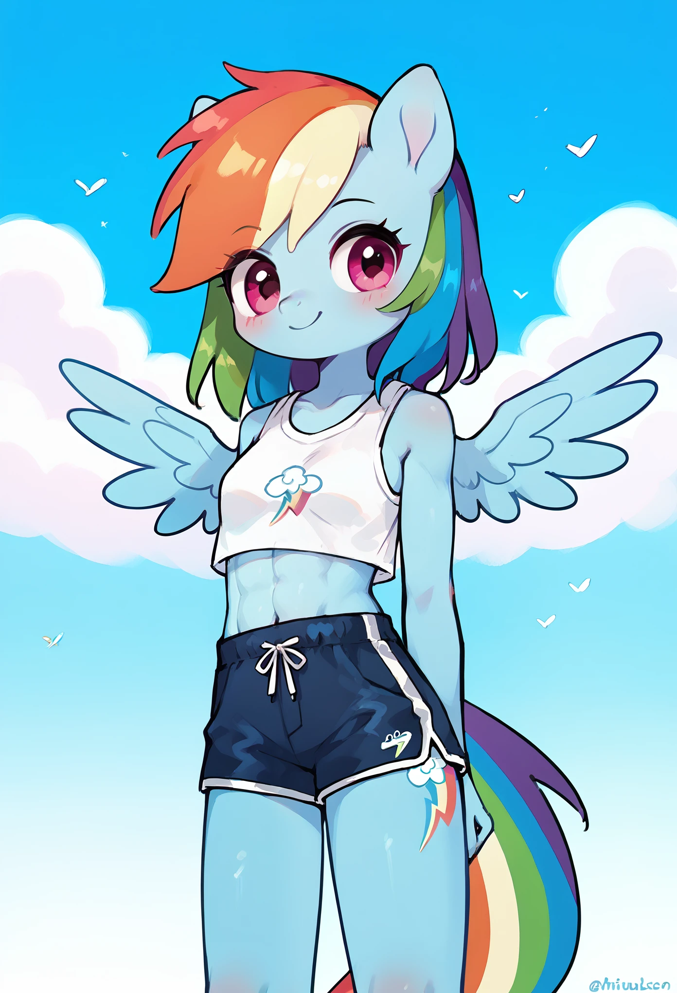 score_9, score_8_up, score_7_up, score_6_up, rainbow dash, pony, furry, blue skin, small wings, multicolored hair, anthro, pony face, white crop top, (toned:0.5), smile, small breasts, gym shorts, medium hair, blue sky