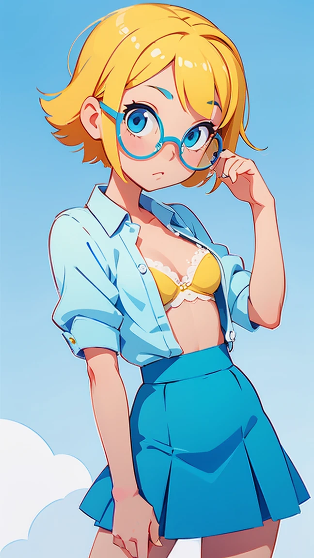 a beautiful girl, yellow hair, blue gradation hair colour, hime cut hairstyle, wearing a light blue bra and mini skirt, blue eyes, round frame glasses (light blue colours), sexy, nsfw, anime, perfect