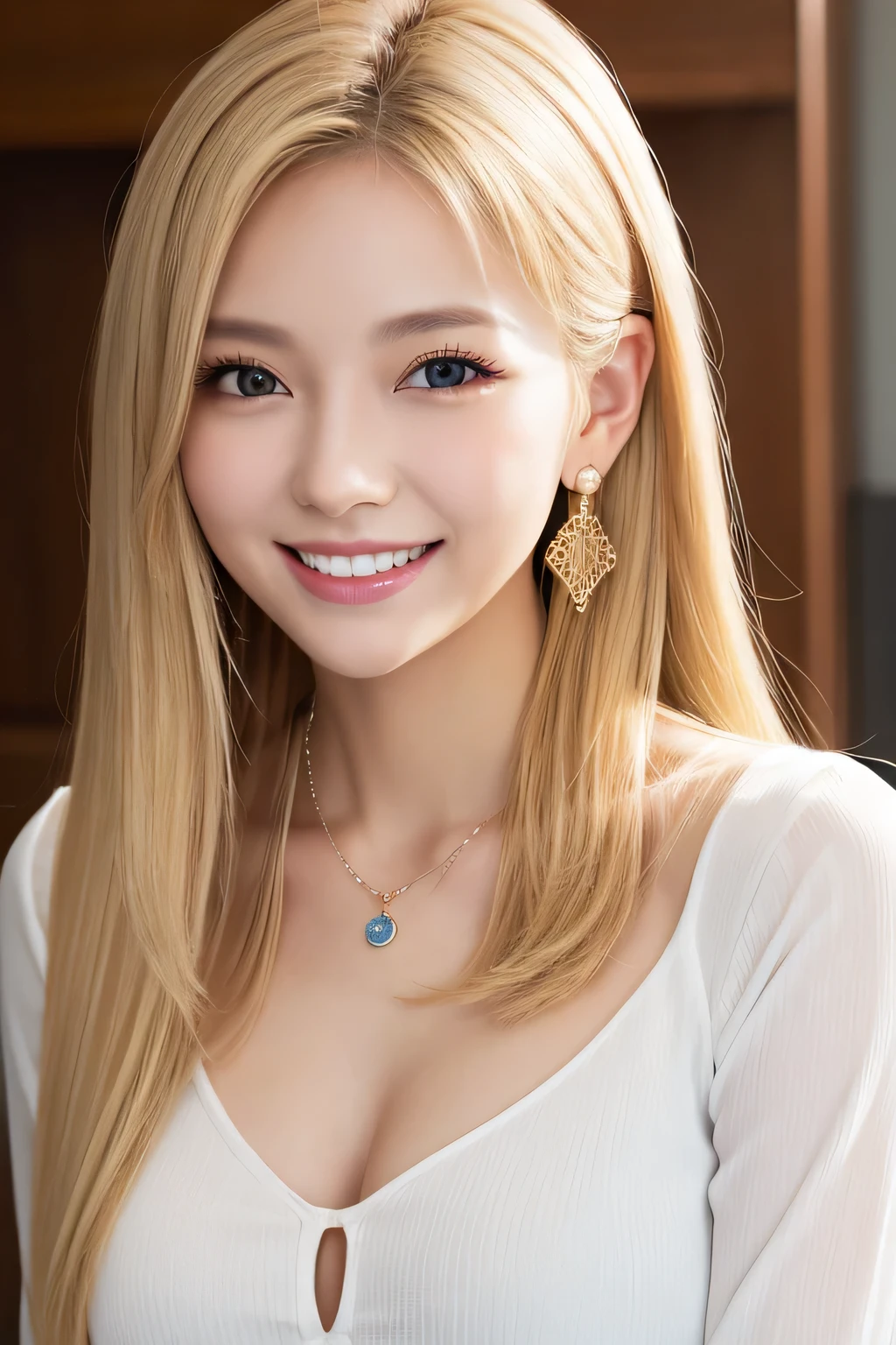 young woman、Blonde、、ear piercing、Necklace around the neck、blouse、Emphasize the chest、smile、Beautiful teeth alignment、Intricate details, Very detailed:1.2), 、 Looking into the camera、The background is the office