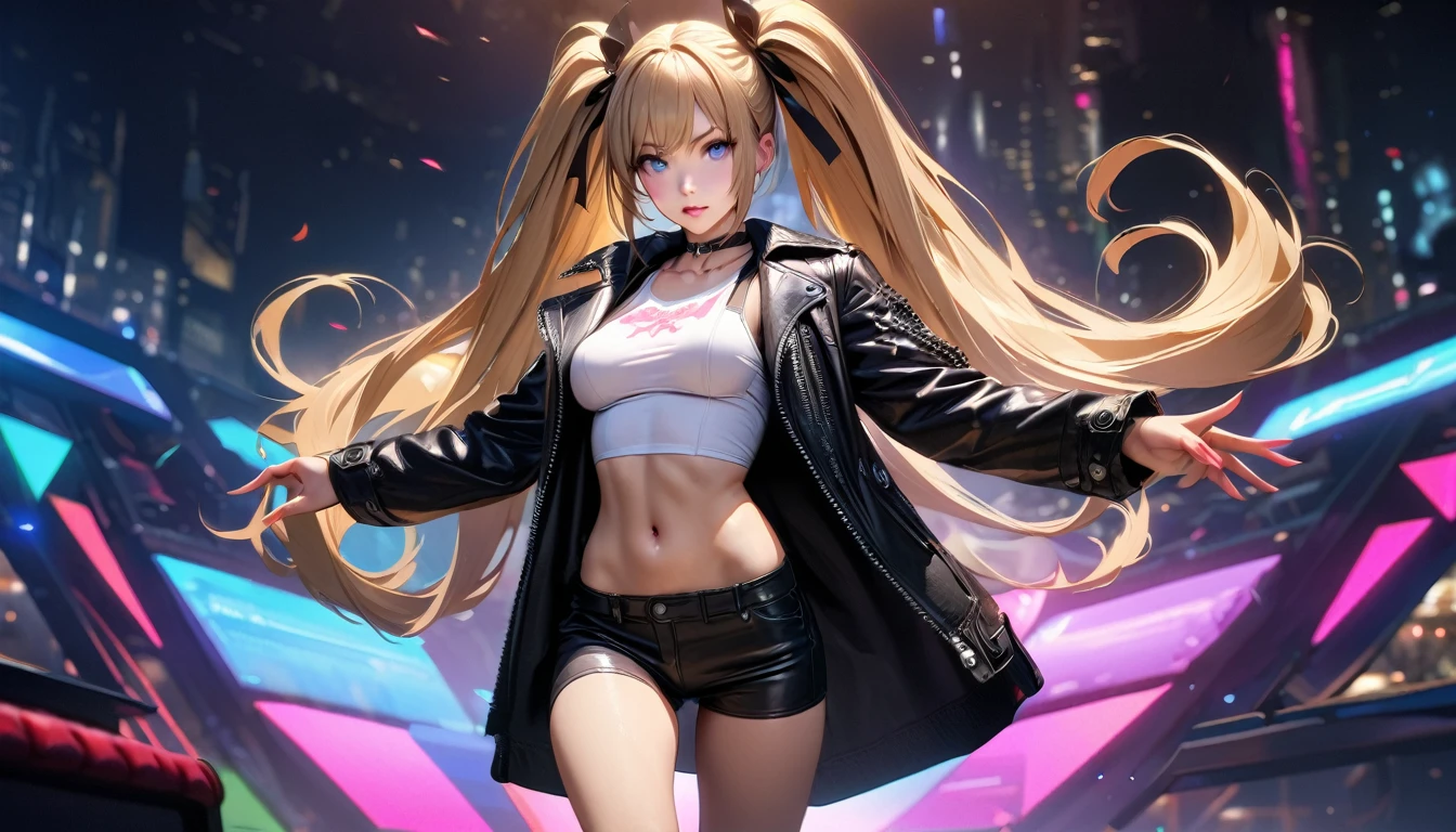 masterpiece, Best quality, 1 girl,photo, Studio photography, realistic:1.2, Rocker girl in a leather jacket,a slim body、Normal breast size、 highly realistic photograph,  full body shot, １two electric guitars, aboutдежда с шипами,white top、navel、Low Rise Leather Shorts,tattoo,Piercing Dark lipstick, Blue eyes,blonde hair with two ponytails,black ribbon, Beautiful and perfect legs, confident expression, punk style ,dynamic pose, dynamic lighting, Colorful scene,Colorful scene lights,、Wide buttocks、Эффект Тиндаллаmasuter piece、top quality、Highest standards、Highest image quality、table、complex parts、A high resolution、depth of field、natural soft light、professional lighting、about, standing, very long hair, cowboy shot, brilliant, brilliant hair, (night:1.2),Dreamy, [[gentle fingers and hands:0.55]::0.85],(detailed fingers),),(emotional),(breathtaking),(main part:1.2) whole body.), (Anime Style), (Super Detailed), (brutal), (uhd, HDR), (8K), (High Resolution: 1.2), (Complex and Beautiful: 1.2)