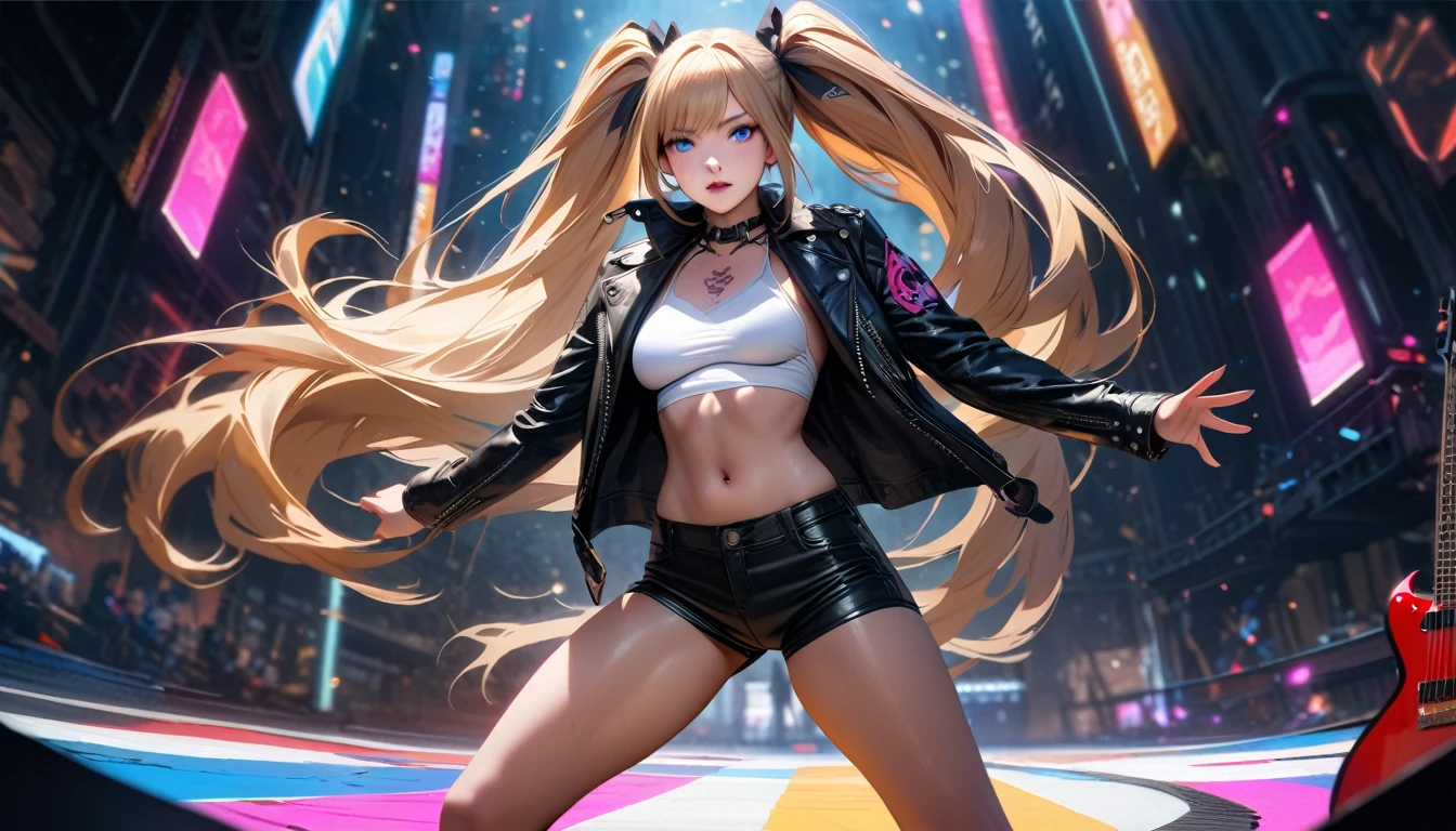 (masterpiece, best quality), (from below), 1 girl, perfect body, big breasts, woman, Ganguro, SPANDEX bikini top, jacket, SILK mini skirt, SPANDEX panties, necklace, Bracelets, Twintails, Posture crouching, city streets, Harajuku, late night