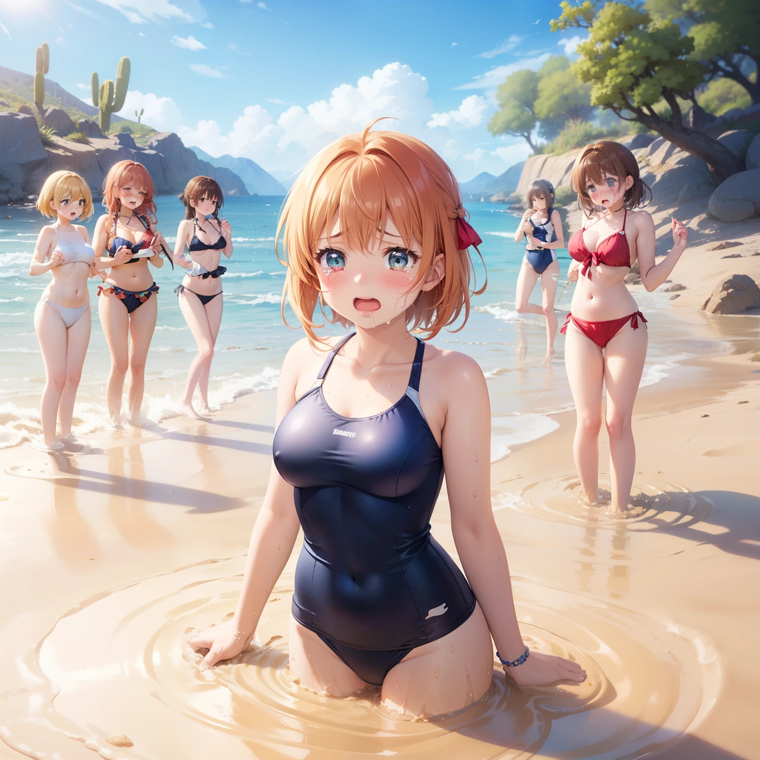 masterpiece, best quality, highres, (5girls), (multiple girls:1.5), blush, anime CG style, good lighting, desert, sand, (quicksand, partially submerged), (upset, tears in her eyes), kinomoto sakura, aichan, breasts, swimsuit