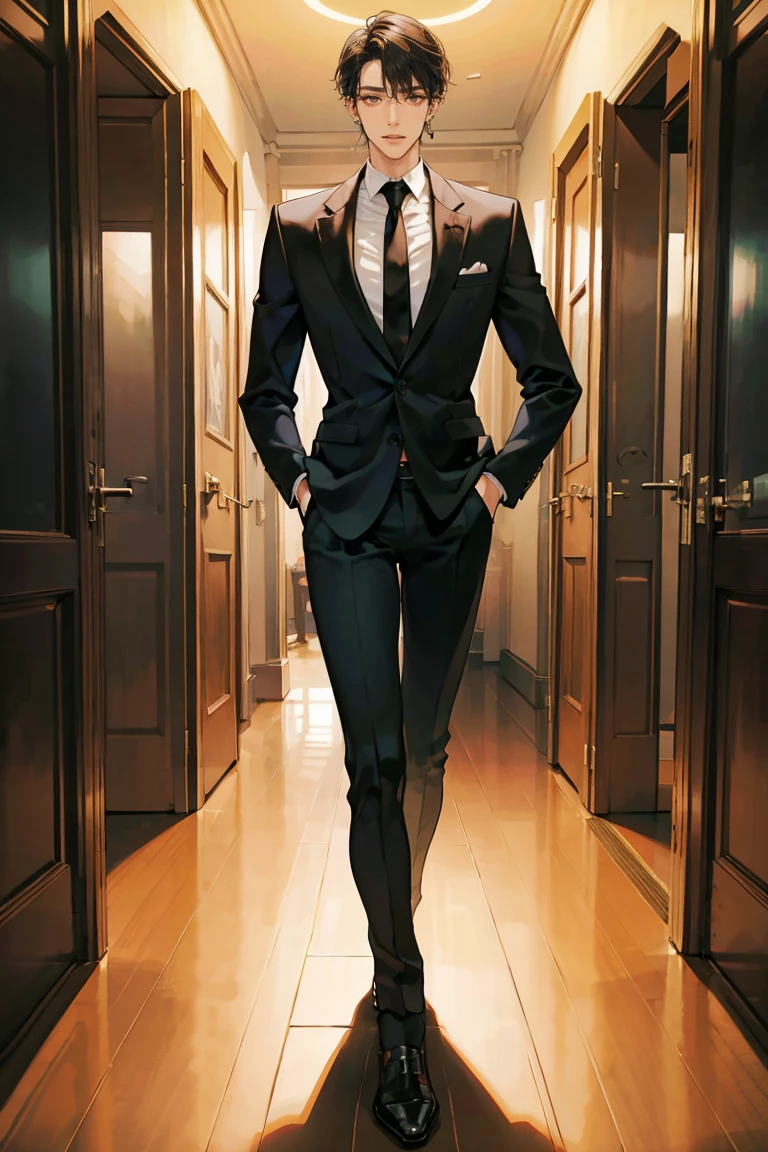 (masterpiece), best quality, seductive eyes, perfect face, handsome man, brown eyes, long slicked back black hair, long nose, tan brown skin, business suit, black necktie, extremely tall man, taller than a door, long legs, long calves, full body, tall man, long legs, anime cover, 1boy, ear piercings, hands in pockets, adult-like look, cafe background