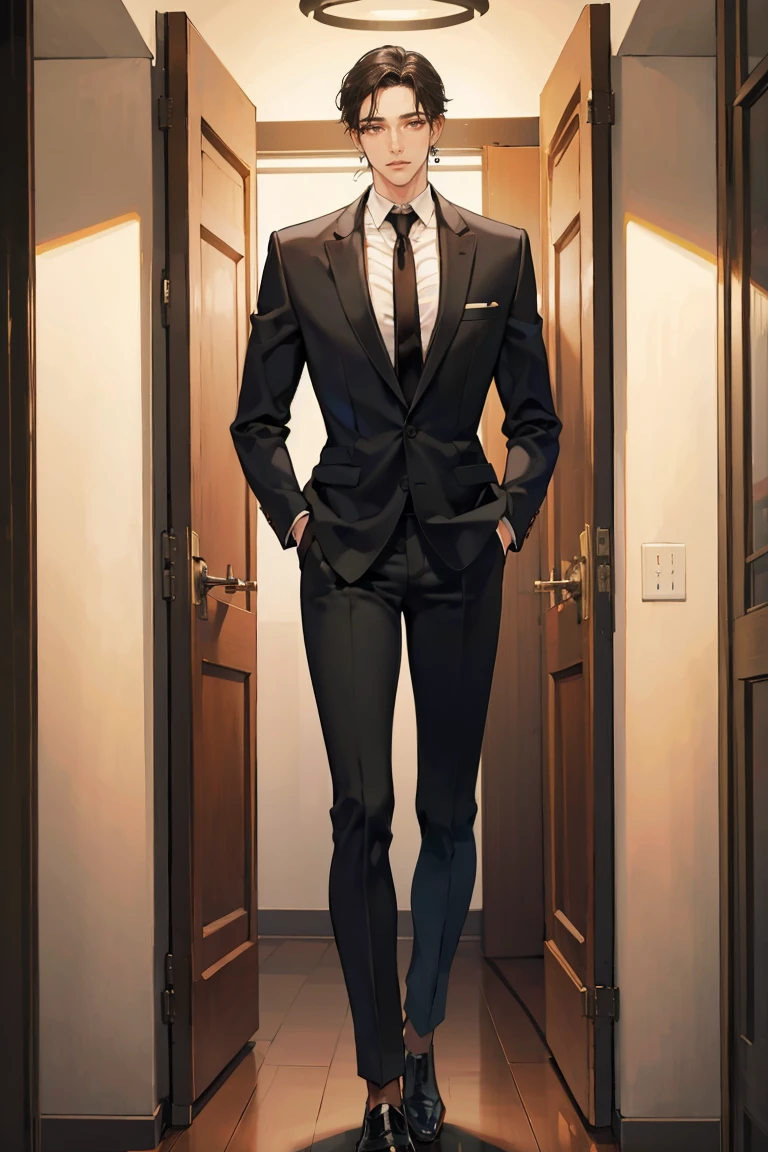 (masterpiece), best quality, seductive eyes, perfect face, handsome man, brown eyes, long slicked back black hair, long nose, tan brown skin, business suit, black necktie, extremely tall man, taller than a door, long legs, long calves, full body, tall man, long legs, anime cover, 1boy, ear piercings, hands in pockets, adult-like look, cafe background