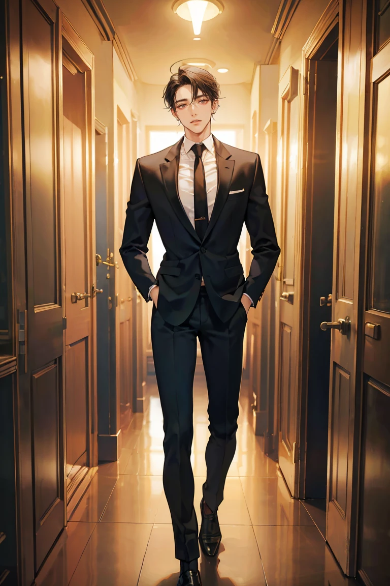 (masterpiece), best quality, seductive eyes, perfect face, handsome man, brown eyes, long slicked back black hair, long nose, tan brown skin, business suit, black necktie, extremely tall man, taller than a door, long legs, long calves, full body, tall man, long legs, anime cover, 1boy, ear piercings, hands in pockets, adult-like look, cafe background
