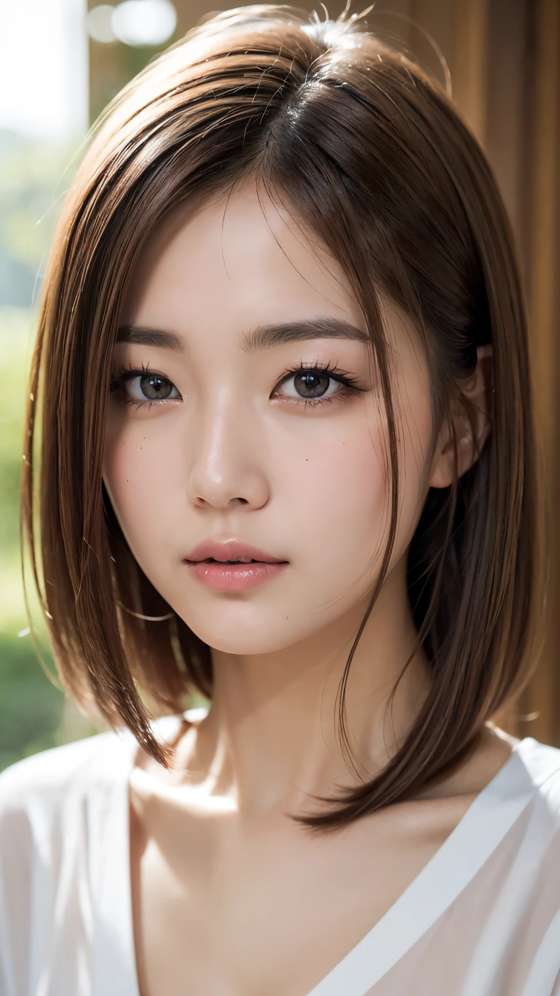 (masterpiece),(Highest quality),(Very detailed),(High resolution),(Photorealistic Stick),(RAW Photos),16K,Cinema Lighting,a close up of a woman with a white shirt on posing for a picture,Soft Portrait Photography,Beautiful Japanese Women,(Airu),Gorgeous face portrait,Eye light,Sharp pupils,Very beautiful face,(Skin Texture:1.2),Beautiful portrait,A lovely and delicate face,Beautiful young Japanese woman,Random hairstyle,Look at this,(Written boundary depth),(Sophisticated lighting:1.2),(front),(((Background is white)))