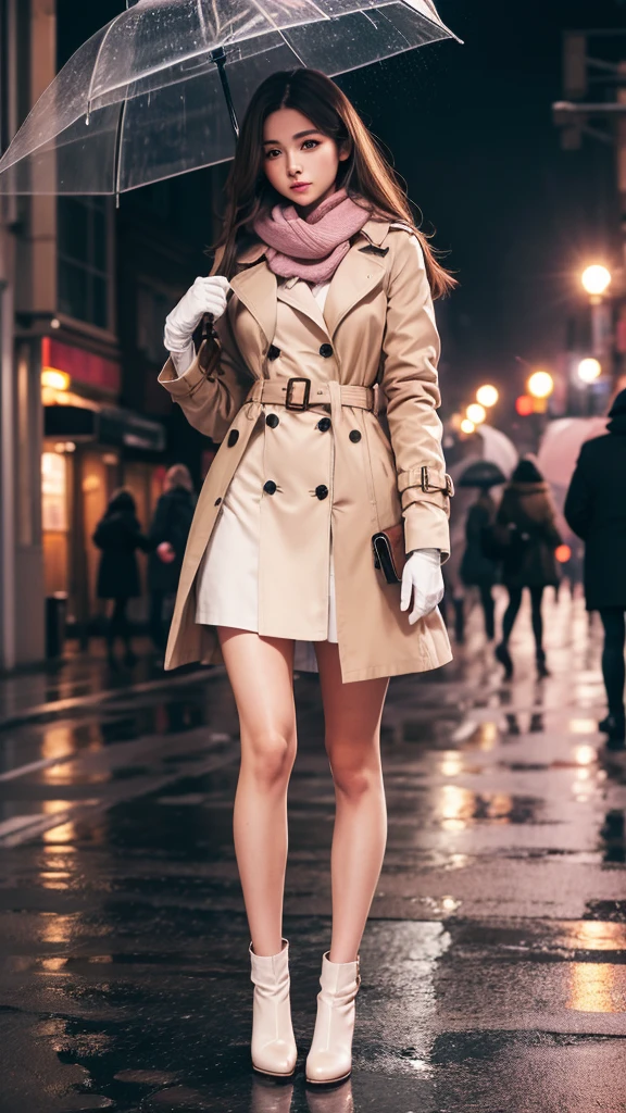 1girl with long brown hair wearing a fully buttoned up and belted buckle beige trench coat with a large pink winter wool scarf and white gloves at the hard rainy night city street full body 8k