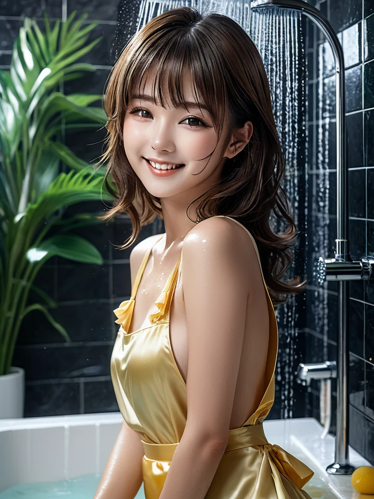 product quality, 1girl, full body shot, front view, a Japanese young pretty girl, shoulder length hair, wearing only a silky satin light yellow apron with white frills over her naked body with a big smile, taking a shower in a luxury shower room, glamorous figure, wet hair, wet body, busty, hyper cute face, glossy lips, double eyelids in both eyes, natural makeup, long eyelashes, shiny smooth light brown hair, asymmetrical bangs, fair skin, central image, high resolution, high detail, detailed hairstyle, detailed face, cinematic lighting, octane rendering, vibrant, hyper realistic, perfect limbs, perfect anatomy