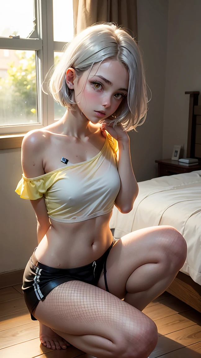 young girl , short silver bob hair, yellow  eyes, Caucasian skin, Transparent Top, shorts mini, transparent mini shorts, black fishnet stockings, ((navel and bare shoulder)) (((sweat))) crouched perto da cama, (((crouched))) bedroom bed with large window in the background, window with sun, reflecting light on the body.