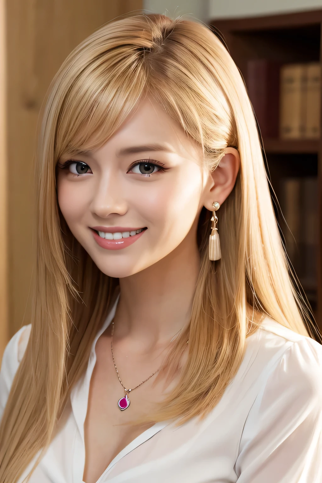 young woman、Blonde、hairstyle semi long、ear piercing、Necklace around the neck、blouse、Emphasize the chest、smile、Beautiful teeth alignment、Intricate details, Very detailed:1.2), 、hair band、 Looking into the camera、The background is the office

