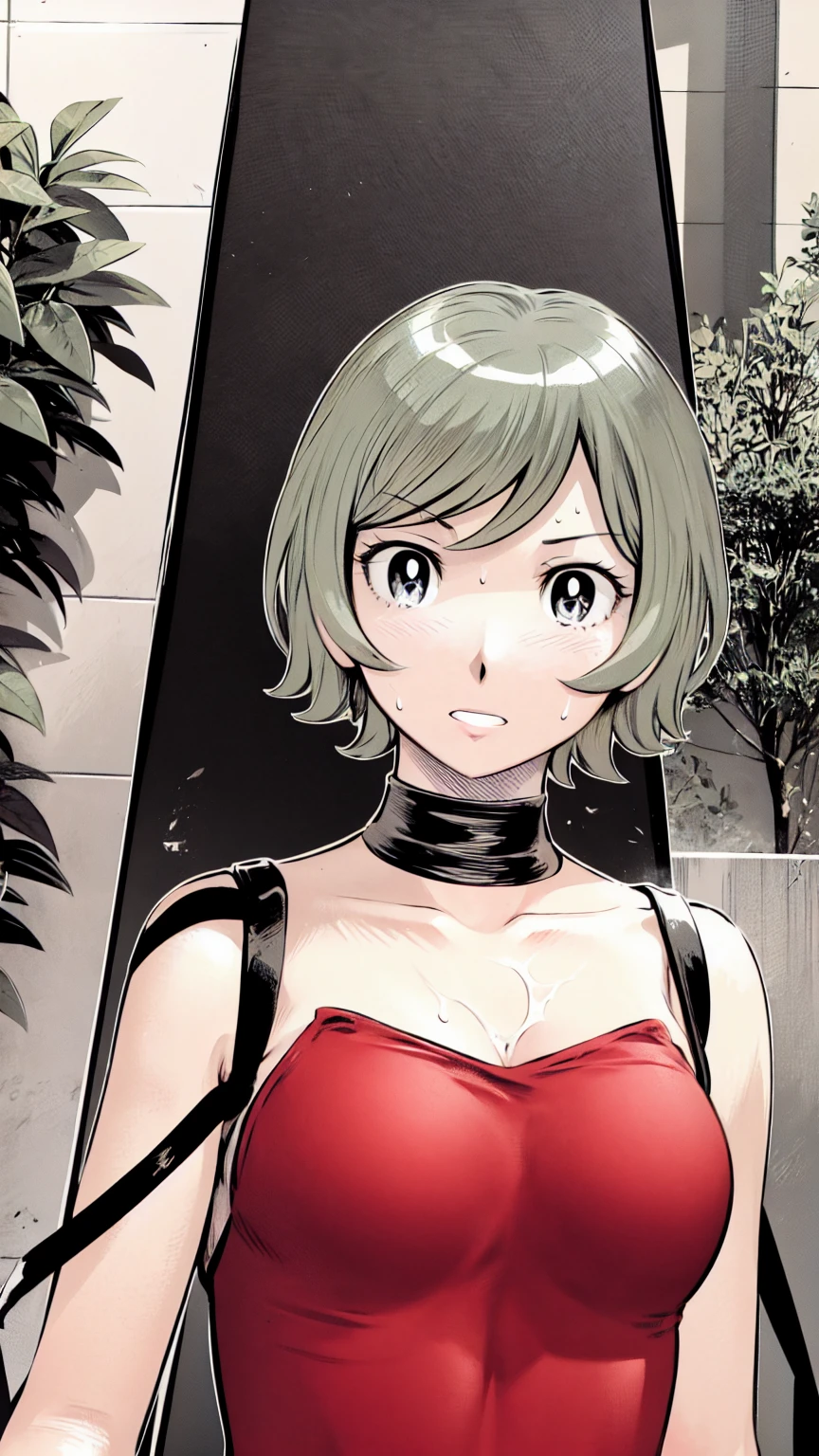 、(masterpiece、Highest quality)、Highest quality, Ultra-high resolution, (((masterpiece))), alone, Sweat、Big eyes, Sleeveless、Outdoor、Floral Dress、Composition from the front、(後ろCut your hair short、short hair、blonde、woman)、Shortcuts、Embarrassed face、Cut your hair short、可愛いwomanの子、Big Breasts、Browsing Caution
