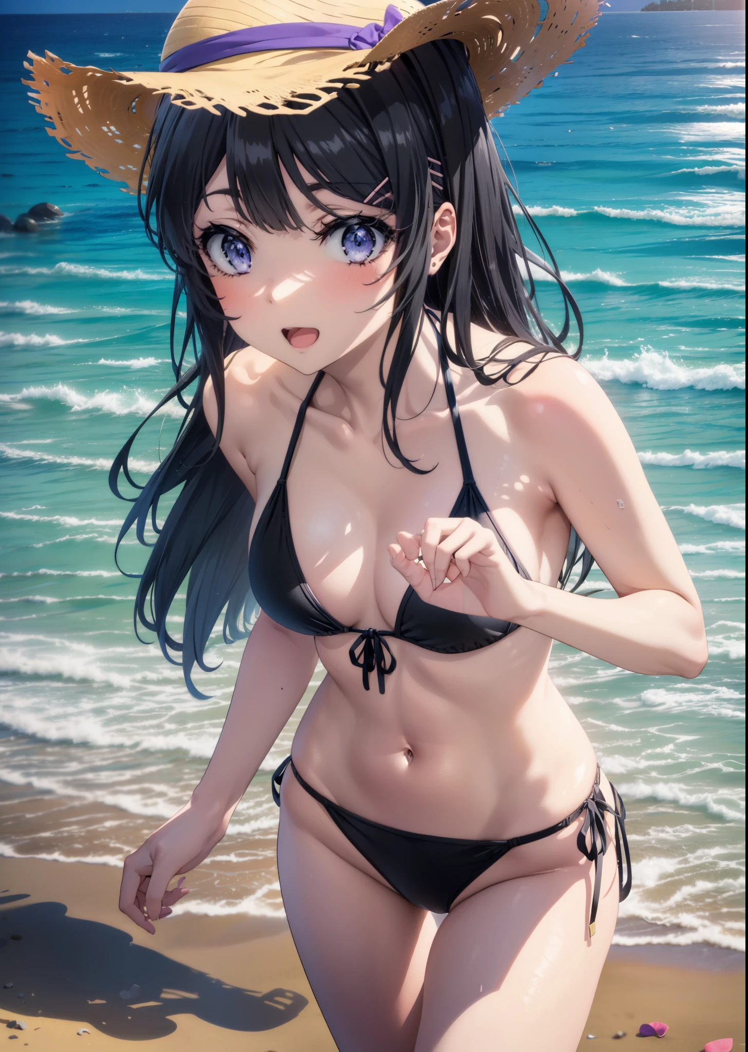 maisakurajima, mai sakurajima, Long Hair, bangs, (Black Hair:1.5), hair ornaments, (Purple eyes:1.1), Black Bikini Swimsuit,barefoot,Straw hat,Walking,True Summer,Strolling on the sandy beach,happy smile, smile, Open your mouth,whole bodyがイラストに入るように,
break outdoors, ビーチ
break looking at viewer,whole body, (Cowboy Shot:1.5),
break (masterpiece:1.2), Highest quality, High resolution, unity 8k wallpaper, (figure:0.8), (Beautiful attention to detail:1.6), Highly detailed face, Perfect lighting, Highly detailed CG, (Perfect hands, Perfect Anatomy),