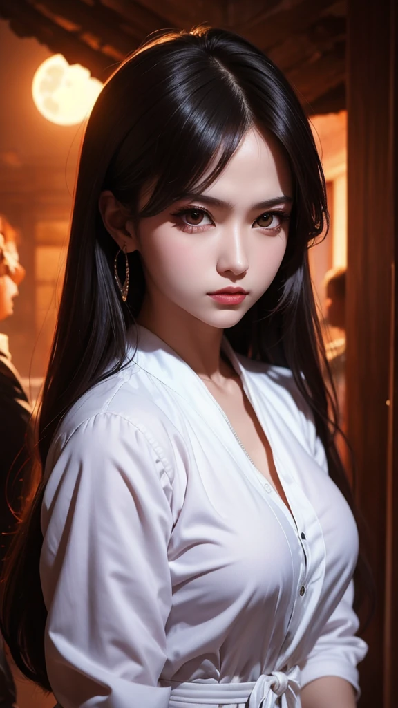 Realistic, Tabletop, Highest quality, RAW Photos, One Girl, alone, Long Hair, Brown Hair, Detailed face, Attractive face, Black collared shirt, Medium chest, Dynamic pose, View your viewers, From below, Detailed Background, Fine details, Intricate details, Ray Tracing, Depth of written boundary, Low Key, Hmph