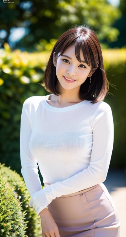 (a gorgeous korean lady, age 28, shy natural pose, wearing a white thin tight knit shirt & pink pleated pencil skirt, walking in a garden. she has dimpled cheeks, kind friendly smile, cute snaggle-tooth, short_hair_ponytail, realistic symmetrical face, beautiful detailed face, beautiful detailed eyes, ample_round_bosom, perfect body proportion, photorealistic, hyper-realism, high contrast, ultra HD, realistic skin textures, top image quality, top-quality, super high resolution, fine details, very meticulously, masterpiece, head_to_knees, the_Cowboy_shot, romantic_vibes, bokeh_background, serene_ambience) #CanonInD