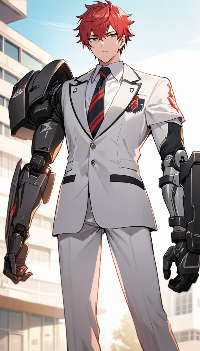 1 boy, highschool,white blazer and tie with logo,white shirt,red hair,he has a high huge tech Armoured bionic arm,calm expression , standing 