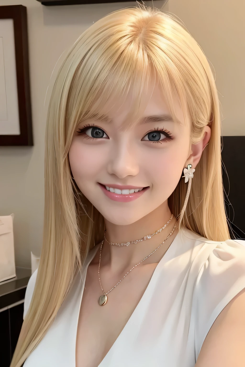 blonde、Clear Beauty、hairstyle semi long、、ear piercing、Necklace around the neck、Put a cardigan over your shoulders、Off the shoulder、blouse、Accentuate your breasts、smile、Beautiful teeth alignment、Intricate details, Very detailed:1.2), 、hair band、 Looking into the camera、The background is the office