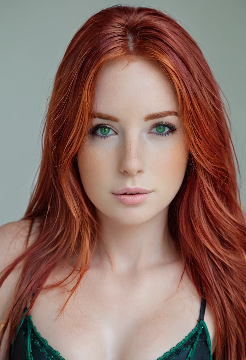 there is a woman with red hair and a black bra top, she has long redorange hair, red hair and attractive features, better known as amouranth, she has red hair, she is redhead, with red hair, erza scarlet as a real person, red haired goddess, with red hair and green eyes, red head, redhead girl