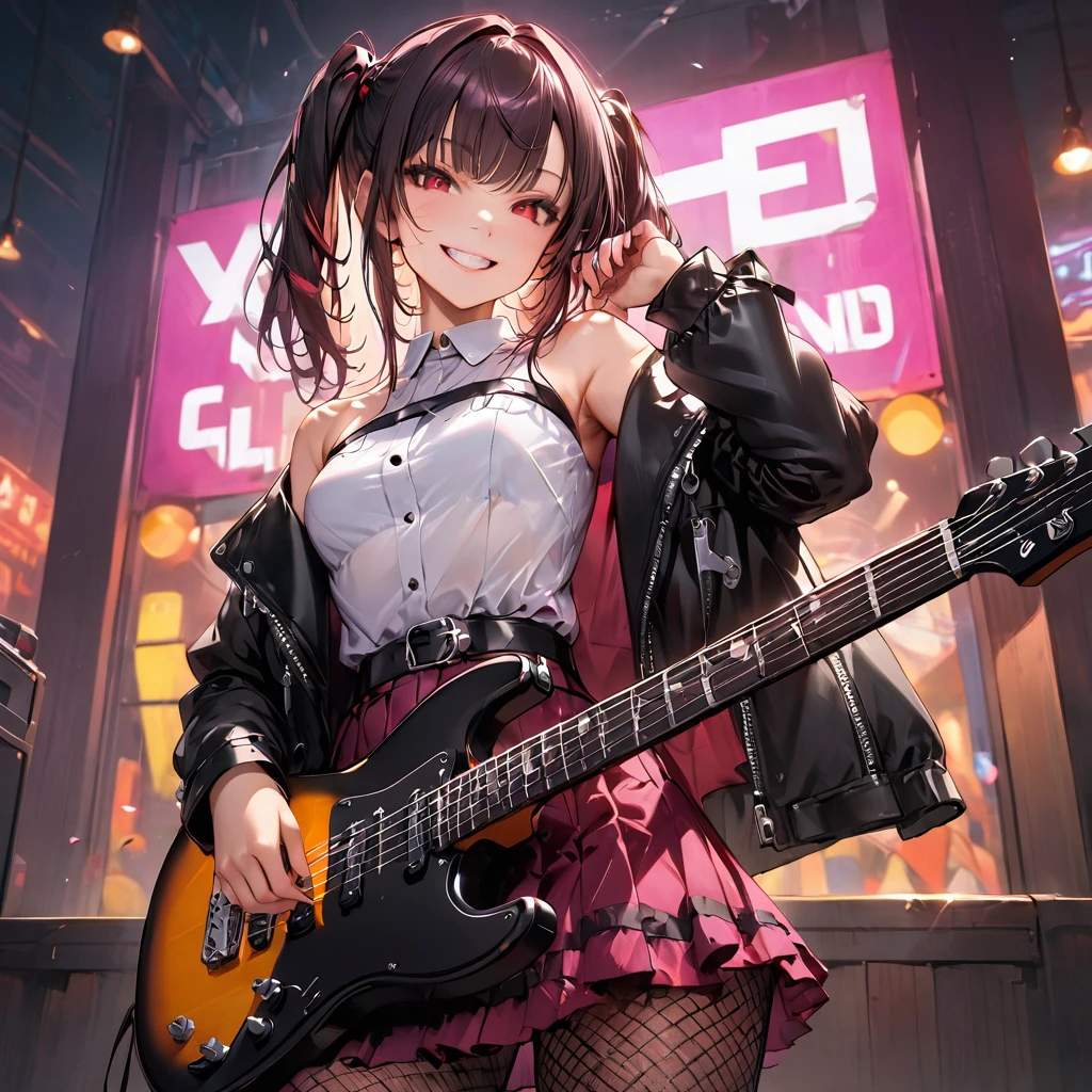 ((masterpiece、Highest quality、Very detailed))、One Girl、Black Hair、short hair、Twin tails、Blunt bangs、Red eyes、Wicked Smile、((Grin))、Small breasts、((Black ruffled clothes))、Off the shoulder、Strapless、((Black leather jacket))、((Check skirt))、Edge skirt、Multiple Chains、Fishnet tights、Cowboy Shot、I have an electric guitar、DJ Club Background