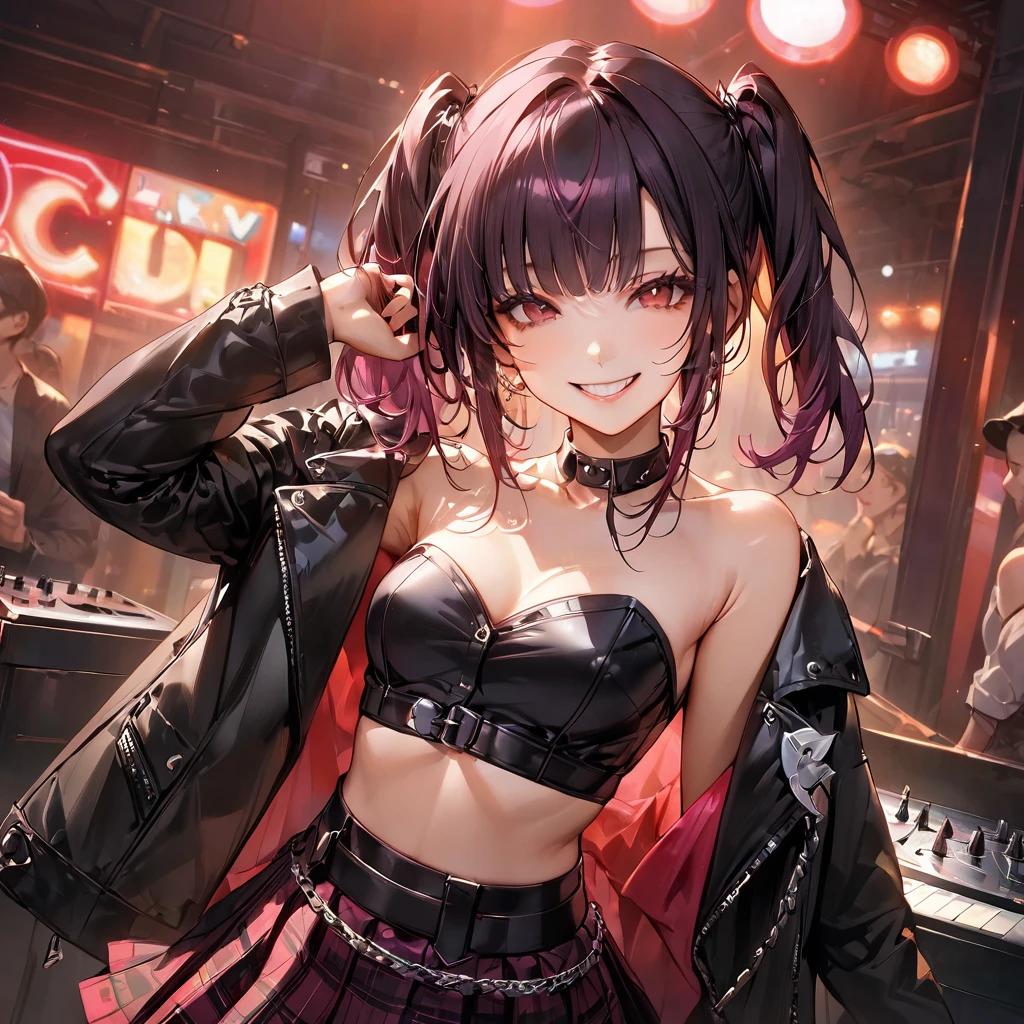 ((masterpiece、Highest quality、Very detailed))、One Girl、Black Hair、short hair、Twin tails、Blunt bangs、Red eyes、Wicked Smile、((Grin))、Small breasts、((Black ruffled clothes))、Off the shoulder、Strapless、((Black leather jacket))、((Check skirt))、Edge skirt、Multiple Chains、Fishnet tights、Cowboy Shot、I have an electric guitar、DJ Club Background