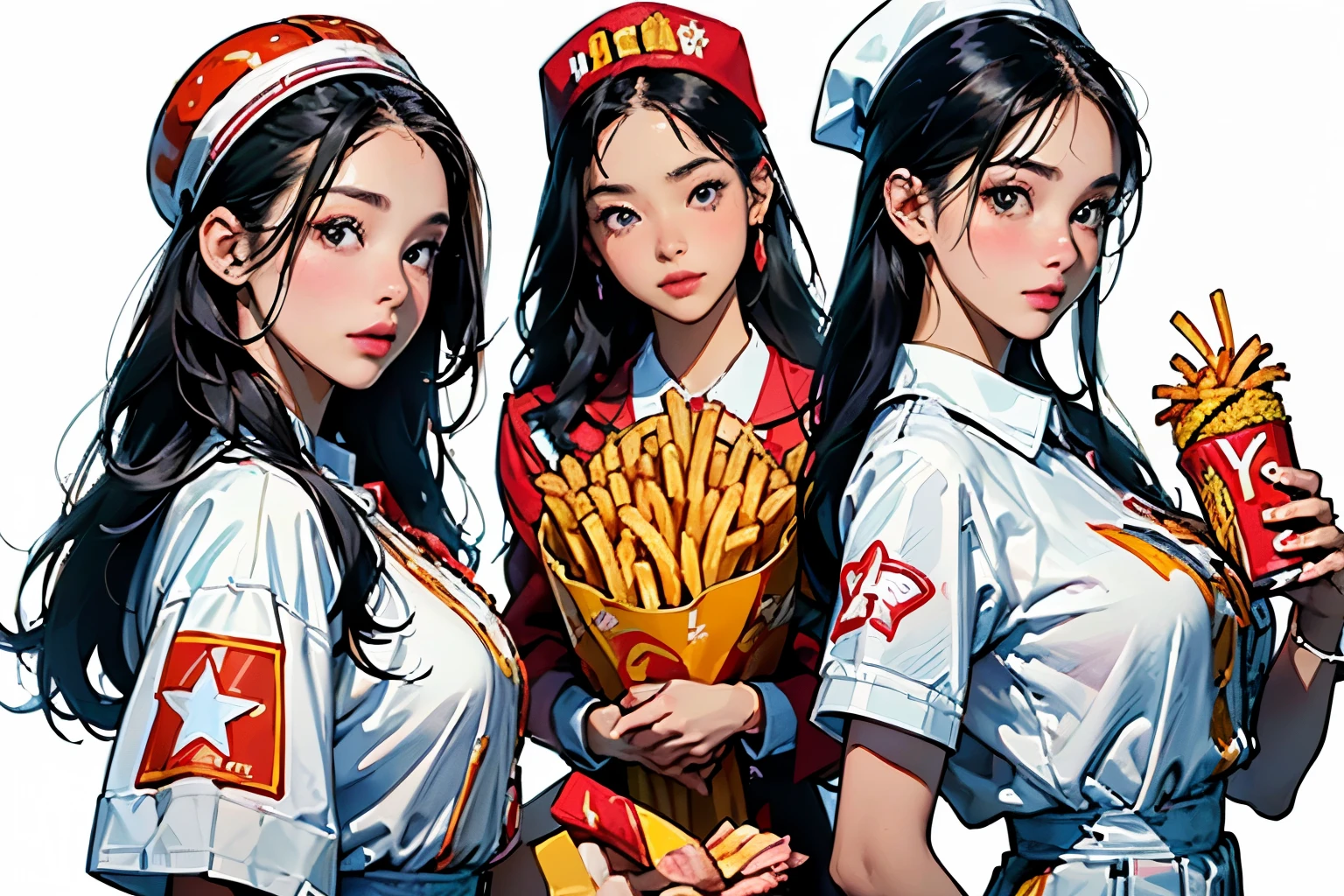 (Perfect Face,Arafe illustration of three women in different clothes)、(Girls standing in line)、(Young woman wearing a fast food restaurant uniform、Wearing a paper hat、hamburger_french fries_Holding a tray with drinks:1.4)、Colorful uniforms、Chic uniform、Flashy uniforms、Bust Up Illustration、White Background、(Front view:1.4)、(Highest quality)、(masterpiece)、(detailed)、