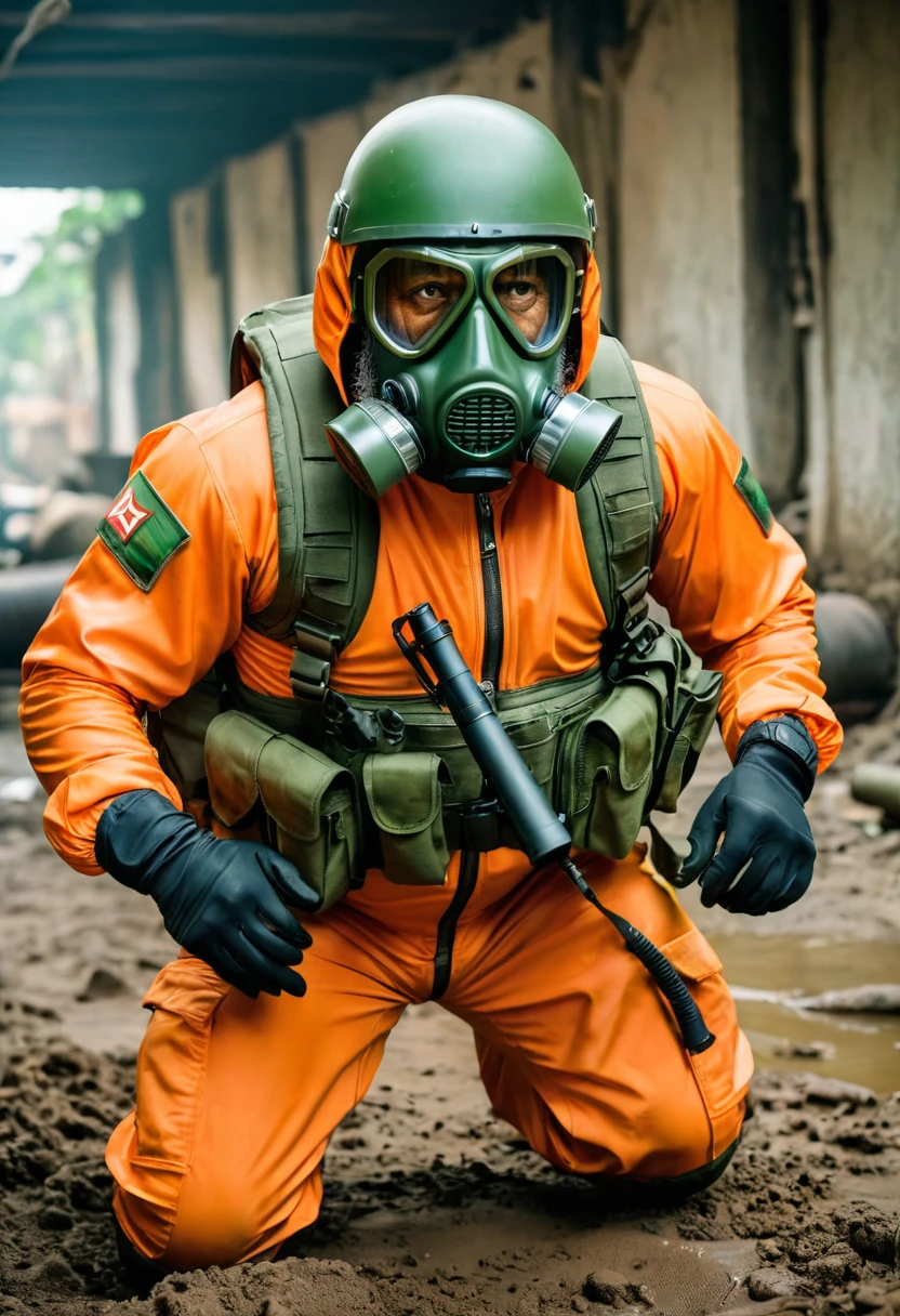 (a dark-skinned bearded chubby old man in orange zipper pilot suit), wearing rescue gear, wearing green army pilot helmet and gas mask, crawling, shooting with a gun, imposing physique, muscular, toned muscles, Basuki Abdullah, sumatraism, action, a character portrait, heroic, fierce, shouting, intense