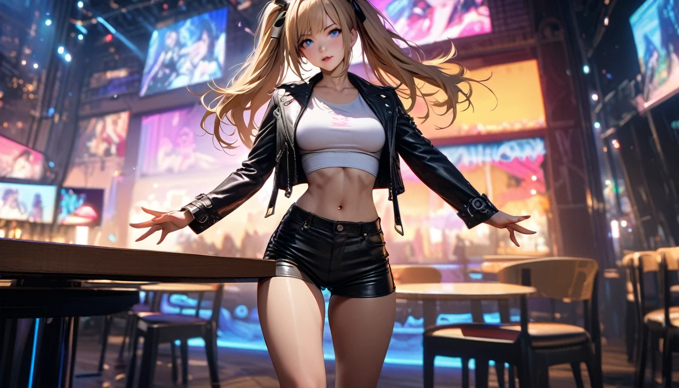 masterpiece, Best quality, 1 girl,photo, Studio photography, realistic:1.2, Rocker girl in a leather jacket,a slim body、Normal breast size、 highly realistic photograph,  full body shot, １two electric guitars, aboutдежда с шипами,white top、navel、Low Rise Leather Shorts,tattoo,Piercing Dark lipstick, Blue eyes,blonde hair with two ponytails,black ribbon, Beautiful and perfect legs, confident expression, punk style ,dynamic pose, dynamic lighting, Colorful scene,Colorful scene lights,、Wide buttocks、Эффект Тиндаллаmasuter piece、top quality、Highest standards、Highest image quality、table、complex parts、A high resolution、depth of field、natural soft light、professional lighting、about, standing, very long hair, cowboy shot, brilliant, brilliant hair, (night:1.2),Dreamy, [[gentle fingers and hands:0.55]::0.85],(detailed fingers),),(emotional),(breathtaking),(main part:1.2) whole body.), (Anime Style), (Super Detailed), (brutal), (uhd, HDR), (8K), (High Resolution: 1.2), (Complex and Beautiful: 1.2)
