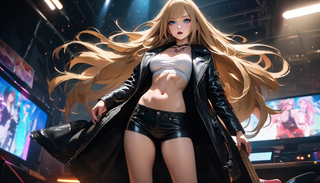 masterpiece, Best quality, 1 girl,photo, Studio photography, realistic:1.2, Rocker girl in a leather jacket,a slim body、Normal  size、 highly realistic photograph,  full body shot, １two electric guitars, aboutдежда с шипами,white top、navel、Low Rise Leather Shorts,tattoo,Piercing Dark lipstick, Blue eyes,blonde hair with two ponytails,black ribbon, Beautiful and perfect legs, confident expression, punk style ,dynamic pose, dynamic lighting, Colorful scene,Colorful scene lights,、Wide buttocт Тиндаллаmasuter piece、top quality、Highest standards、Highest image quality、table、complex parts、A high resolution、depth of field、natural soft light、professional lighting、about, standing, very long hair, cowboy shot, brilliant, brilliant hair, (night:1.2),Dreamy, [[gentle fingers and hands:0.55]::0.85],(detailed fingers),),(emotional),(breathtaking),(main part:1.2) whole body.), (Anime Style), (Super Detailed), (brutal), (uhd, HDR), (8K), (High Resolution: 1.2), (Complex and Beautiful: 1.2)