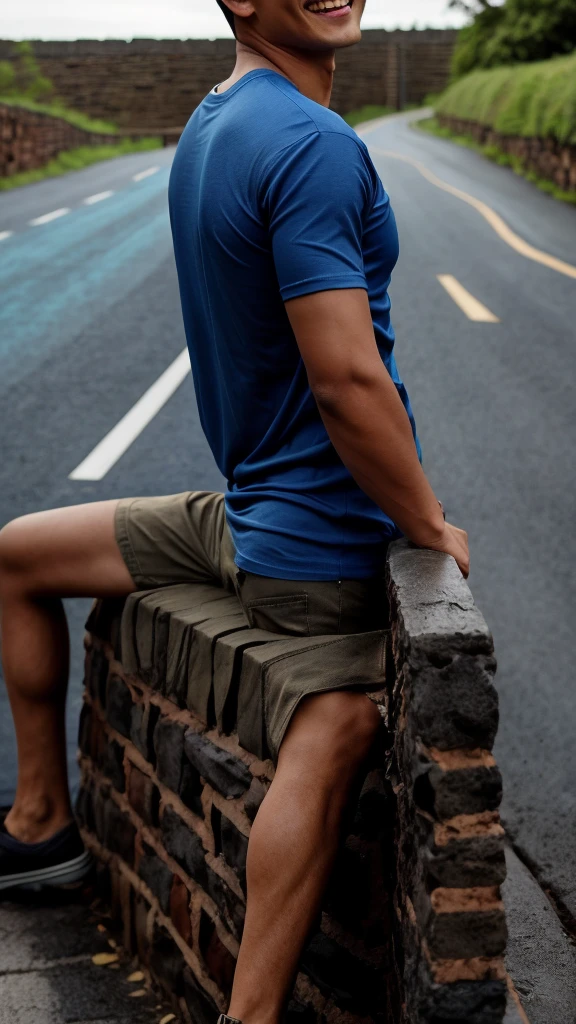 Thai man ,man ,(Blue T-shirt:1.5) ,Jeans ,He is about 30 years old..，Rough and handsome appearance，large breastsj，Big waistline，buzz cut, angry, sullen, best quality, Masterpiece，（Have muscles：4.5），(best quality,high resolution,Masterpiece:1.2),The eyes are natural and delicate..,1 person,alone,gay asian,muscle,Long legs,brave,short hair details,conjunctivitis ,strong,brown eyes, (road background stone wall:1.5)，in the market，sit ,smile